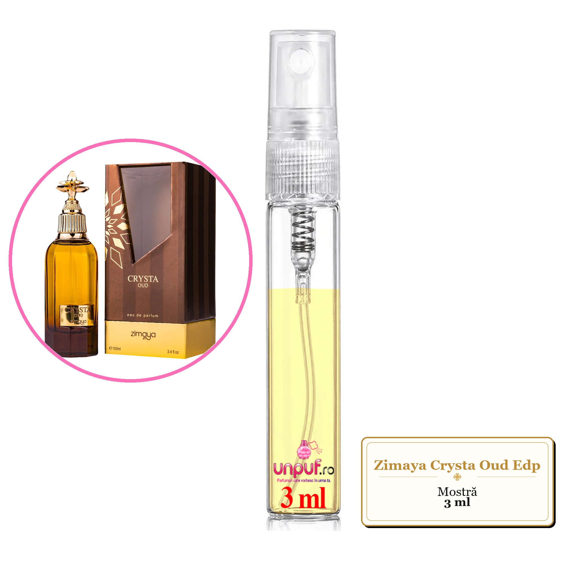 Mostra fiola din Parfumul Zimaya Crysta Oud Edp, decant sticla cu pulverizator 