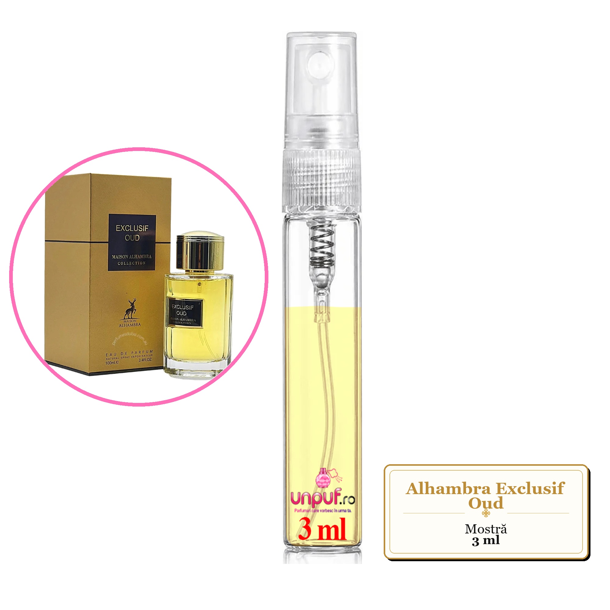 Mostra fiola din Parfumul Alhambra Exclusif Oud, decant sticla cu pulverizator 