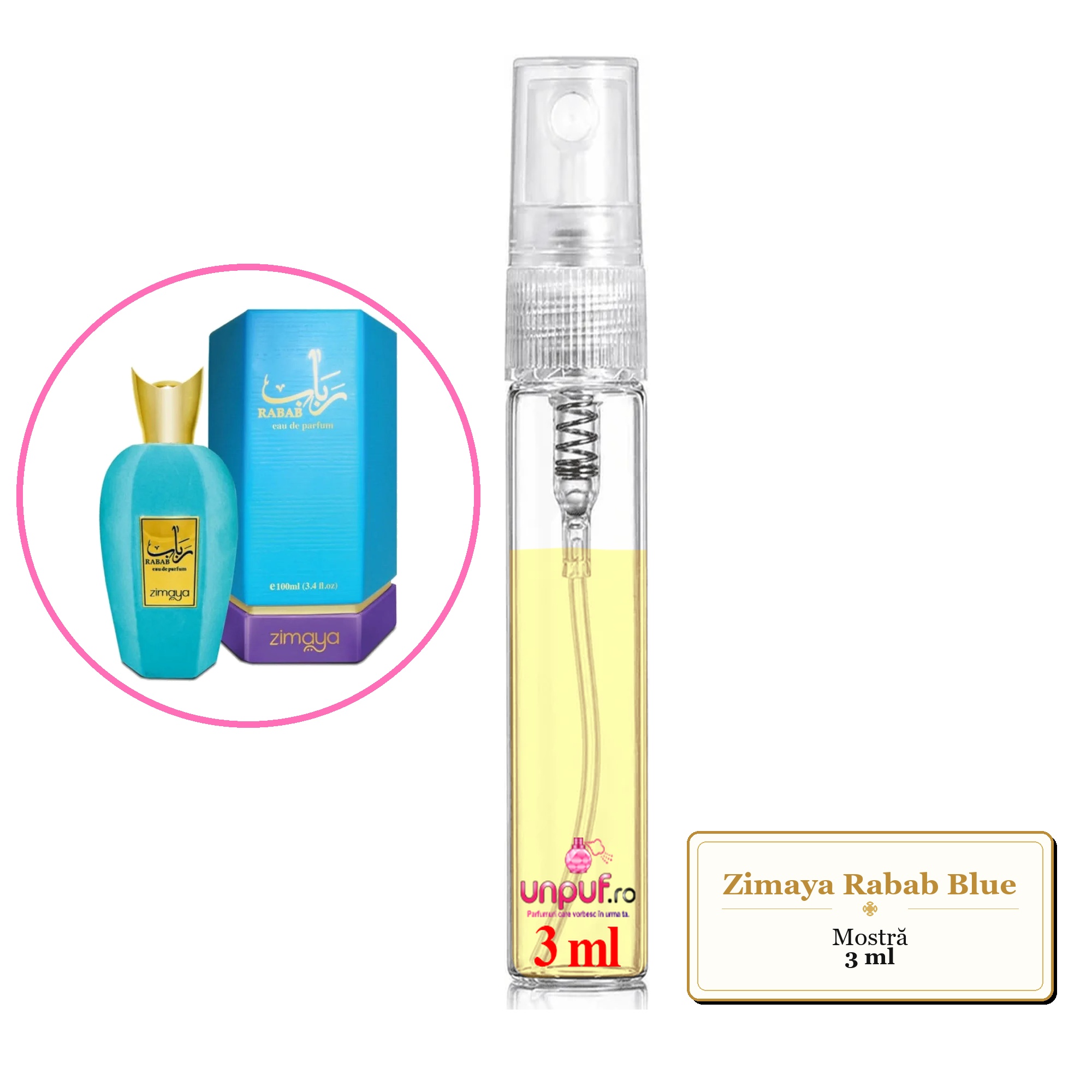 Mostra fiola din Parfumul Zimaya Rabab Blue, decant sticla cu pulverizator
