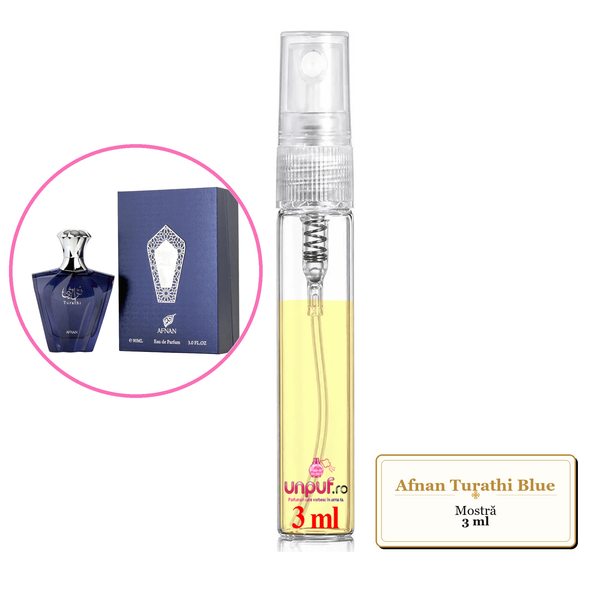 Mostra fiola din Parfumul Afnan Turathi Blue, decant sticla cu pulverizator 