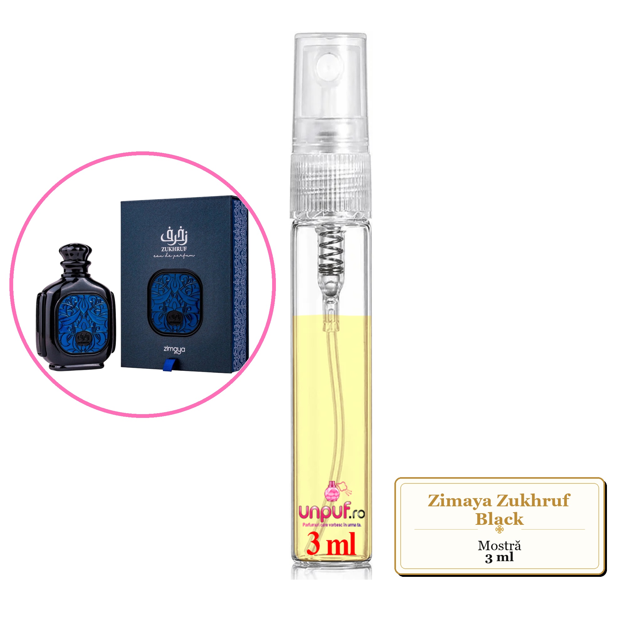 Mostra fiola din Parfumul Zimaya Zukhruf Black, decant sticla cu pulverizator