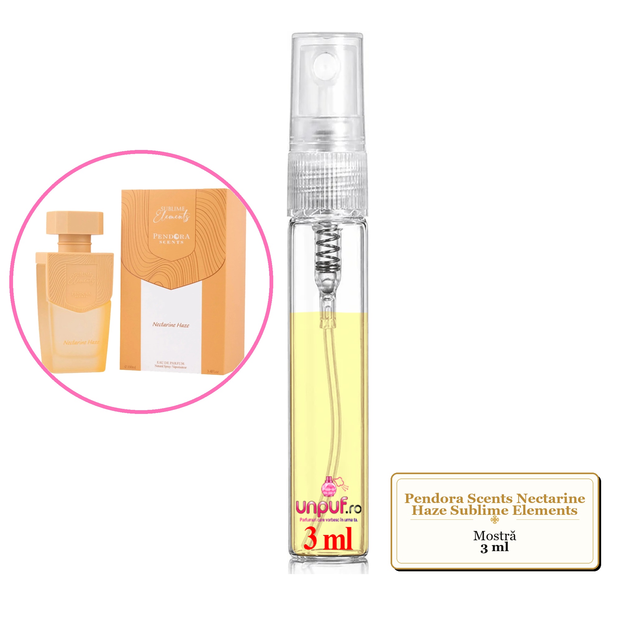 Mostra fiola din Parfumul Pendora Scents Nectarine Haze Sublime Elements, decant sticla cu pulverizator 