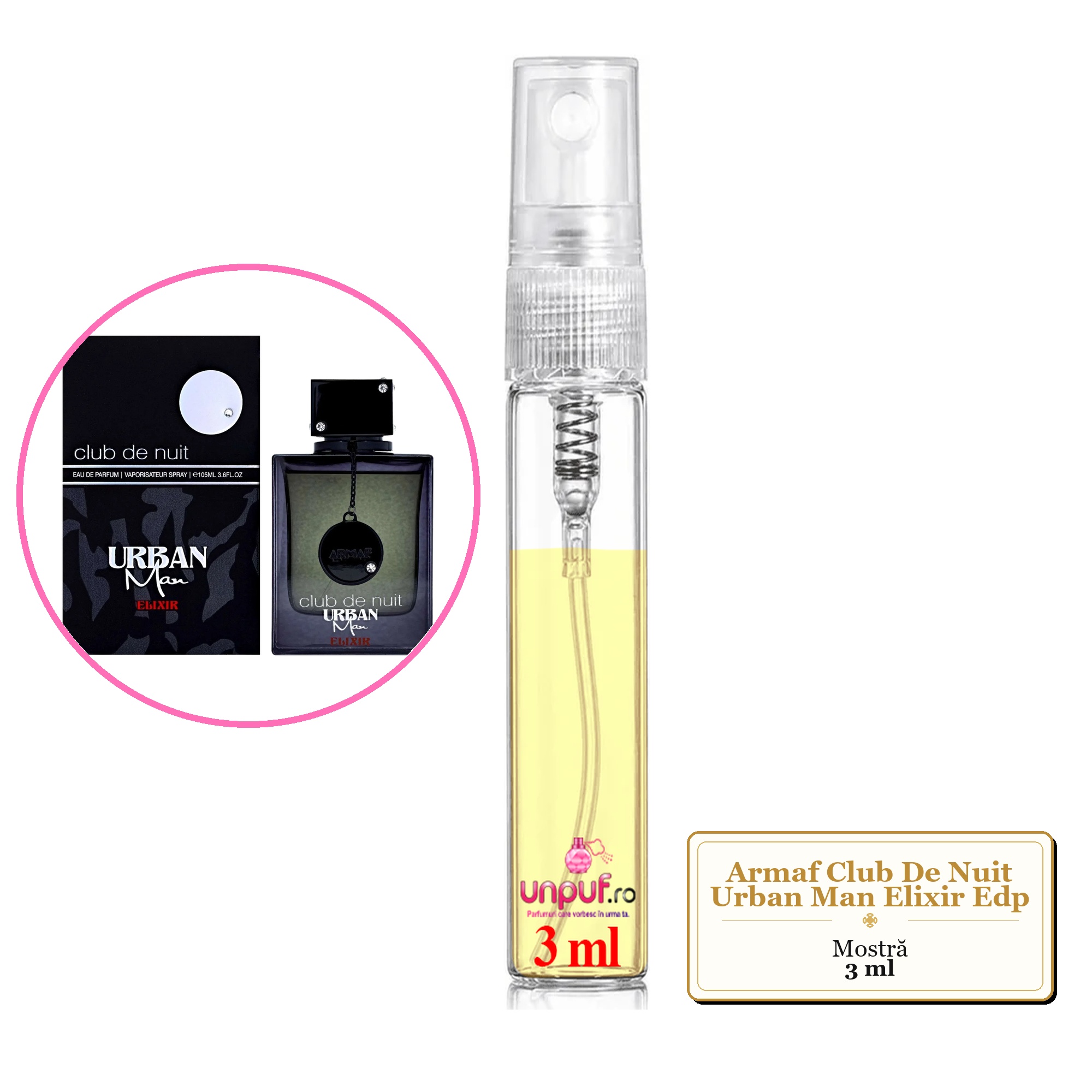 Mostra fiola din Parfumul Armaf Club De Nuit Urban Man Elixir Edp, decant sticla cu pulverizator 