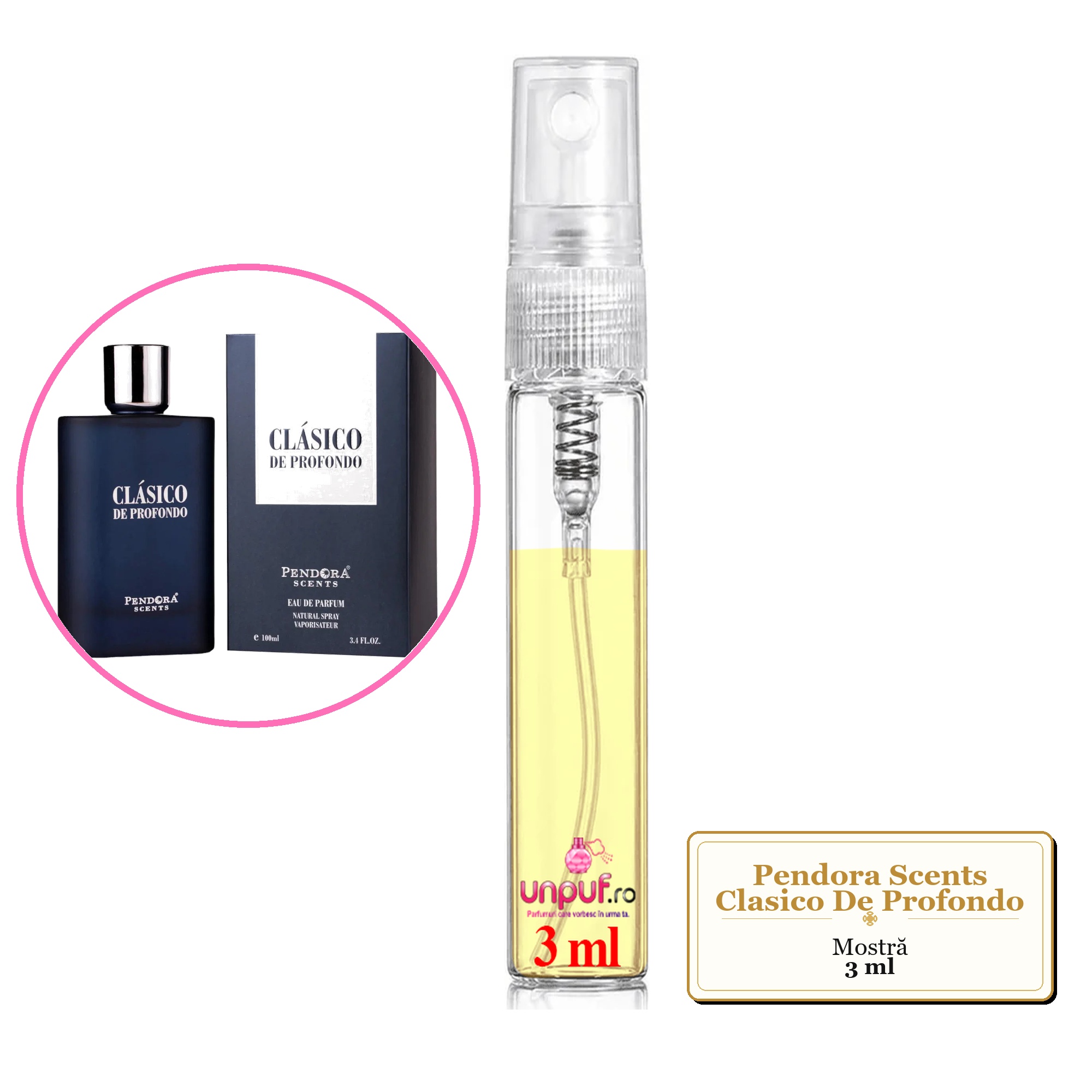 Mostra fiola din Parfumul Pendora Scents Clasico De Profondo, decant sticla cu pulverizator