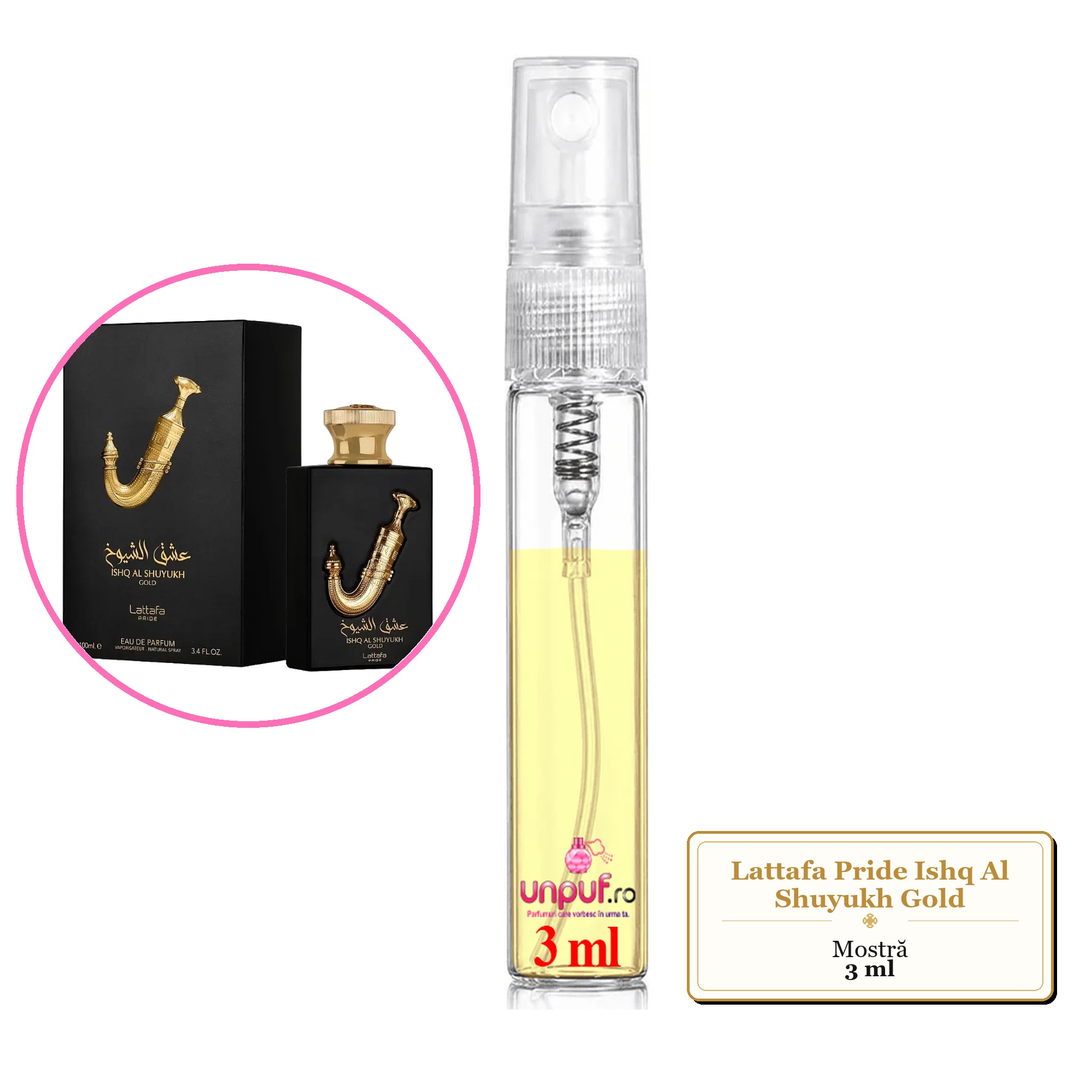 Mostra fiola din Parfumul Lattafa Pride Ishq Al Shuyukh Gold, decant sticla cu pulverizator