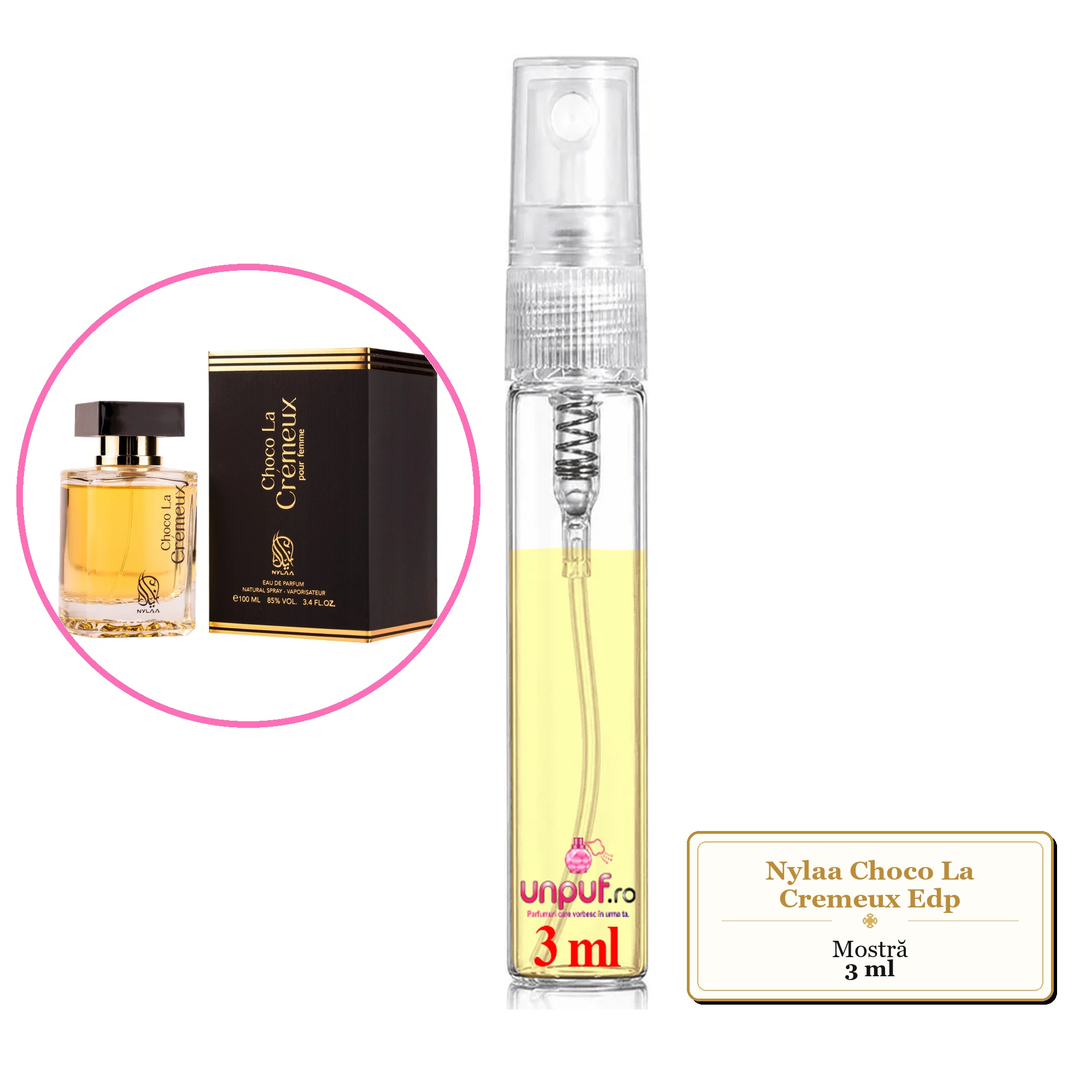 Mostra fiola din Parfumul Nylaa Choco La Cremeux Edp, decant sticla cu pulverizator 