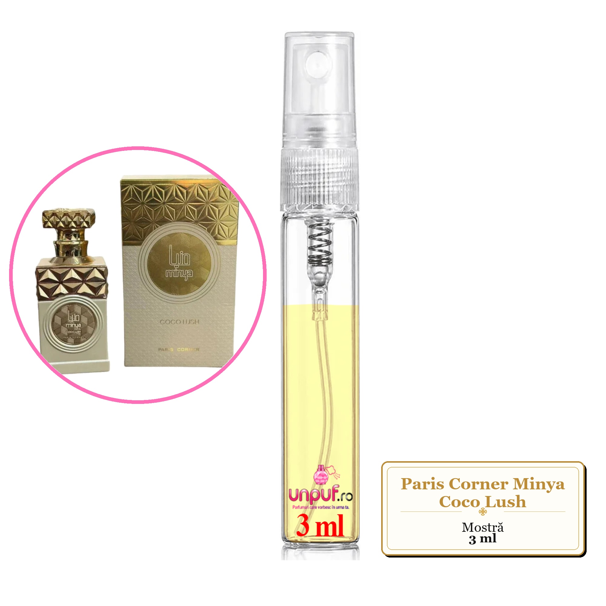 Mostra fiola din Parfumul Paris Corner Minya Coco Lush, decant sticla cu pulverizator 