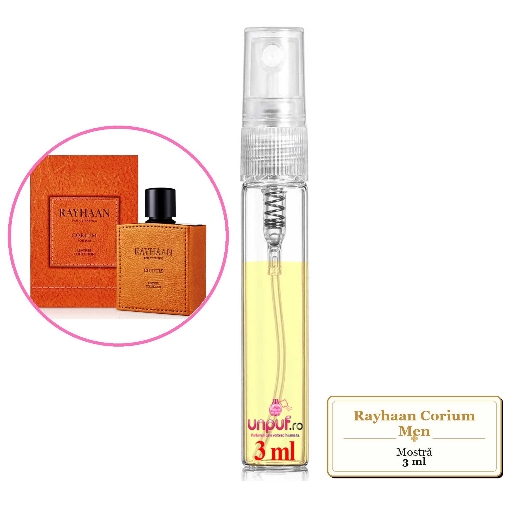 Mostra fiola din Parfumul Rayhaan Corium Men, decant sticla cu pulverizator