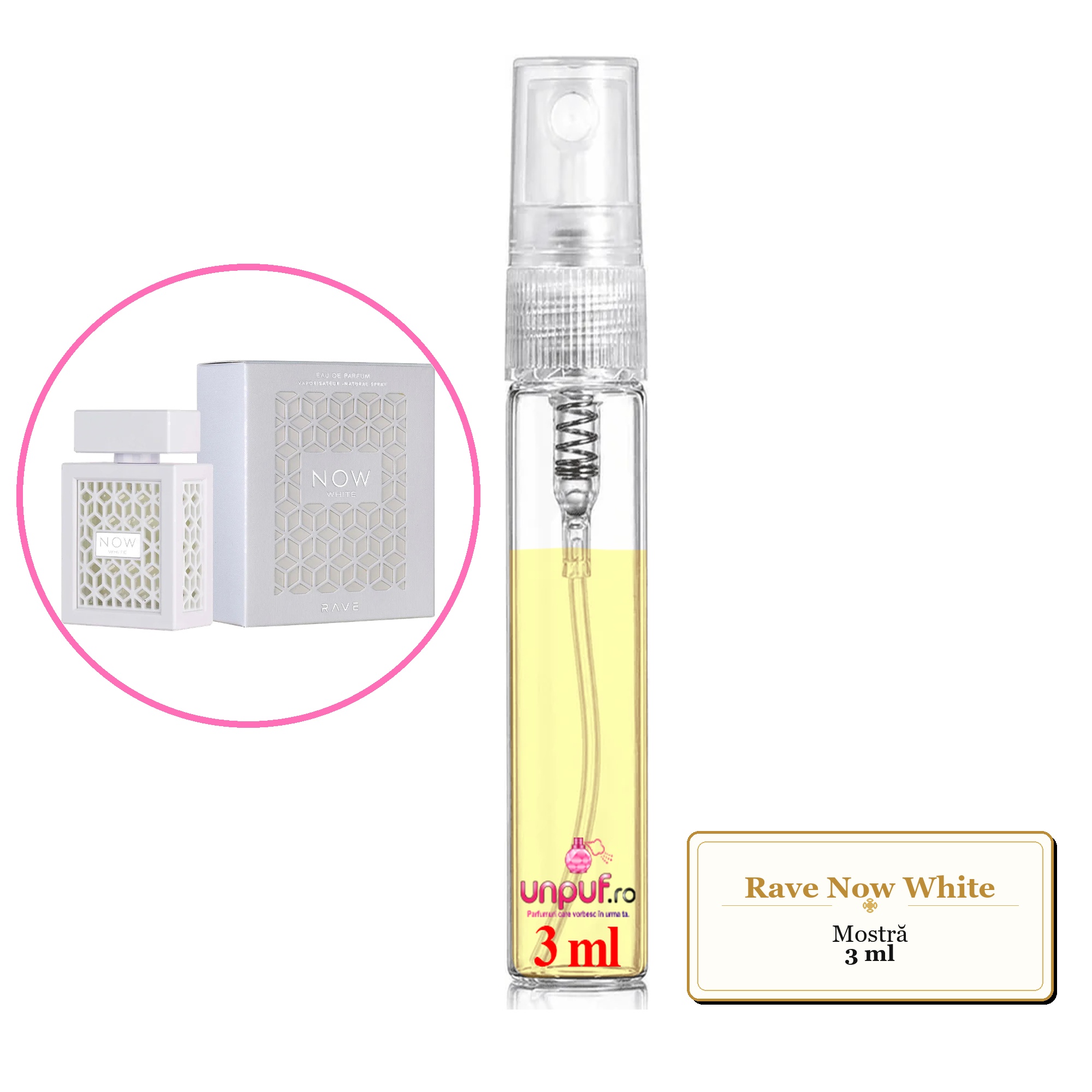 Mostra fiola din Parfumul Rave Now White, decant sticla cu pulverizator